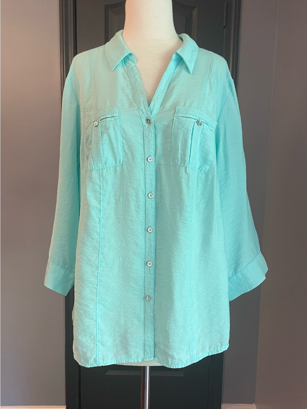 Light Aqua Button-Front Women's Blouse